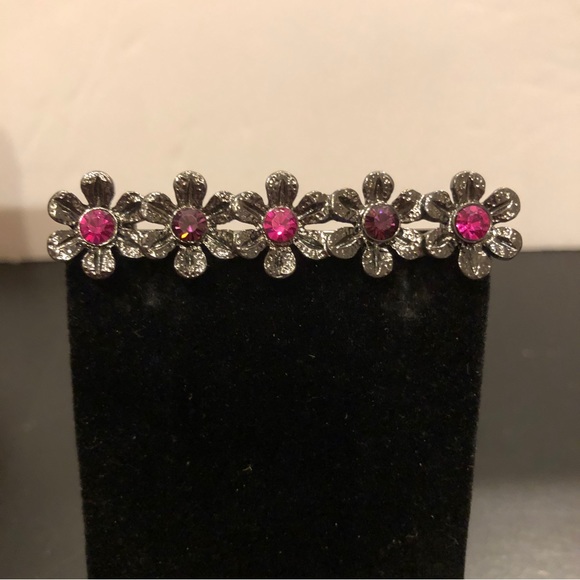 1928 Jewelry - 1928 Brand brooch- gunmetal, 5 flowers with pink rhinestones